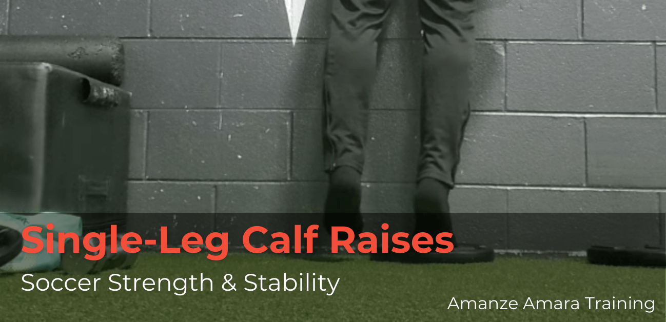 Soccer player performing single-leg calf raises with weight plate for ankle stability, balance, and explosive power on the pitch