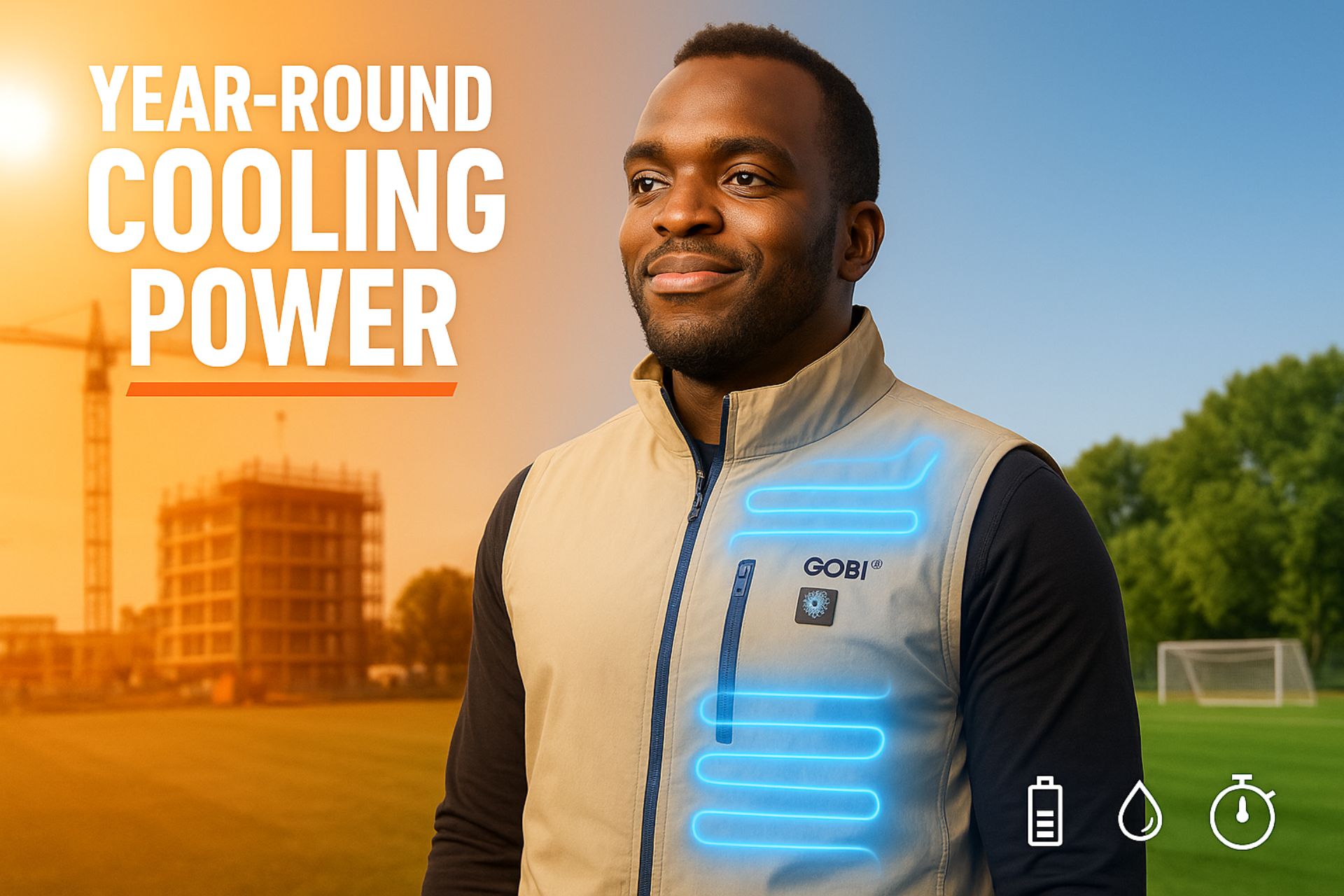 Man wearing the Gobi Heat Canyon Cooling Vest with glowing cooling channels, symbolizing year-round cooling performance