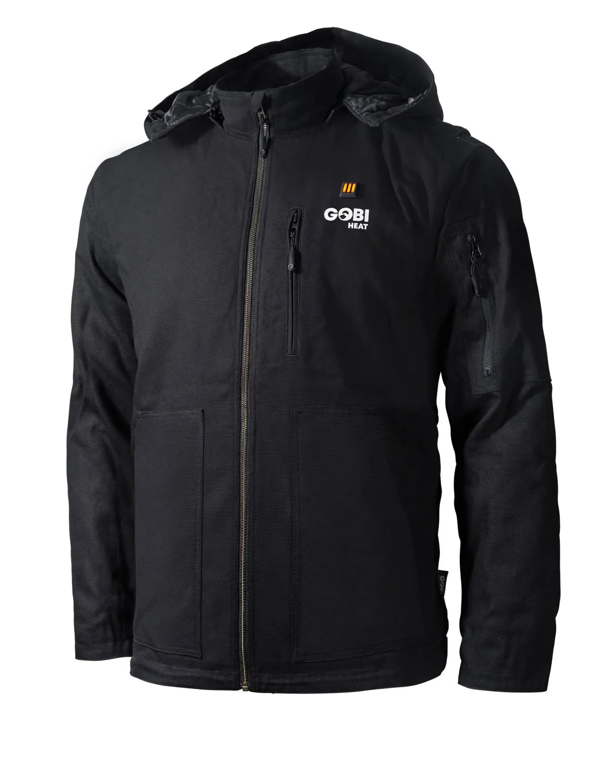 Gobi Heat Grit Men’s Heated Workwear Jacket in black, front studio view showing durable canvas design and hooded build.