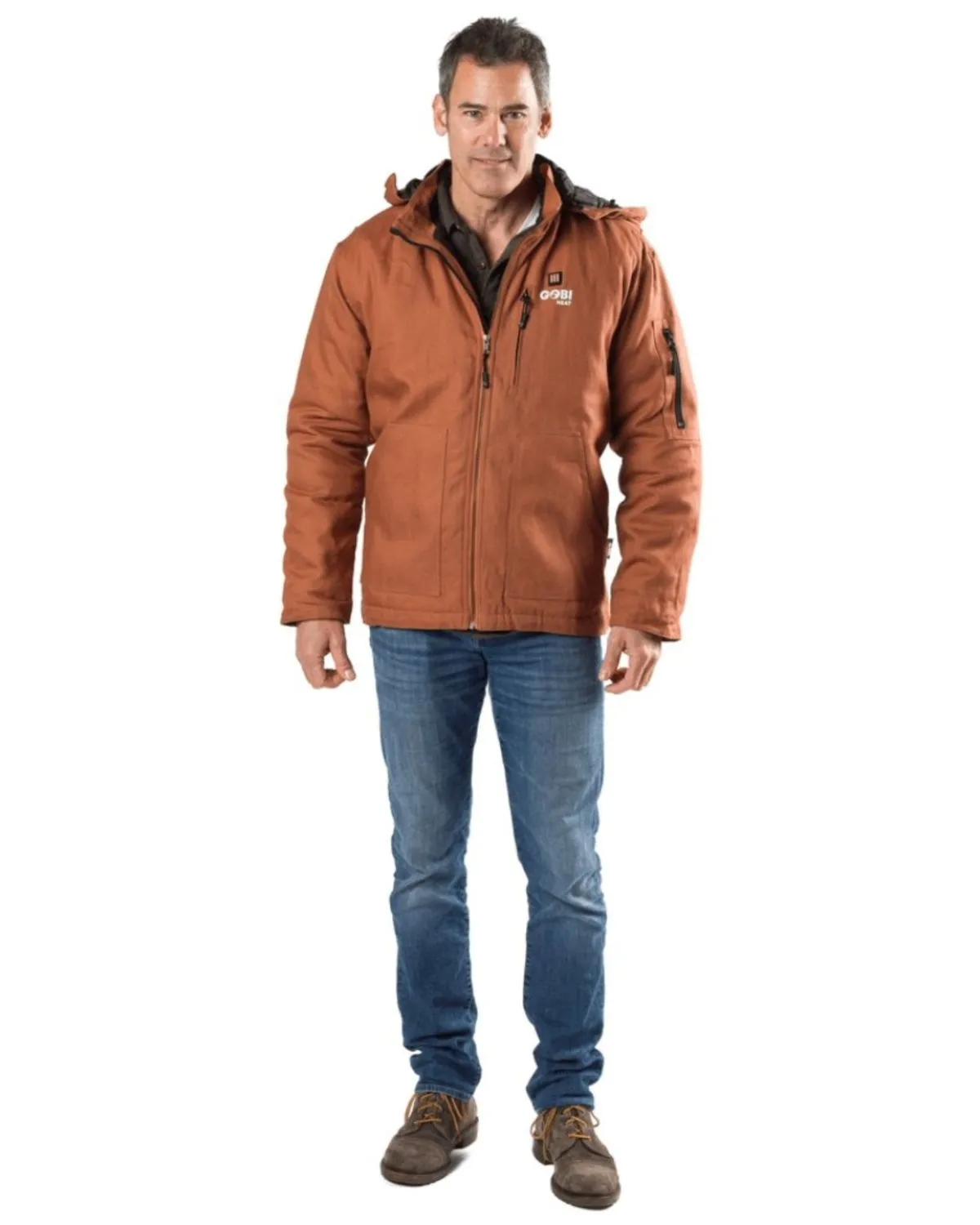 Model wearing the Gobi Heat Grit Men’s Heated Jacket in outdoor workwear style, demonstrating fit and coverage.