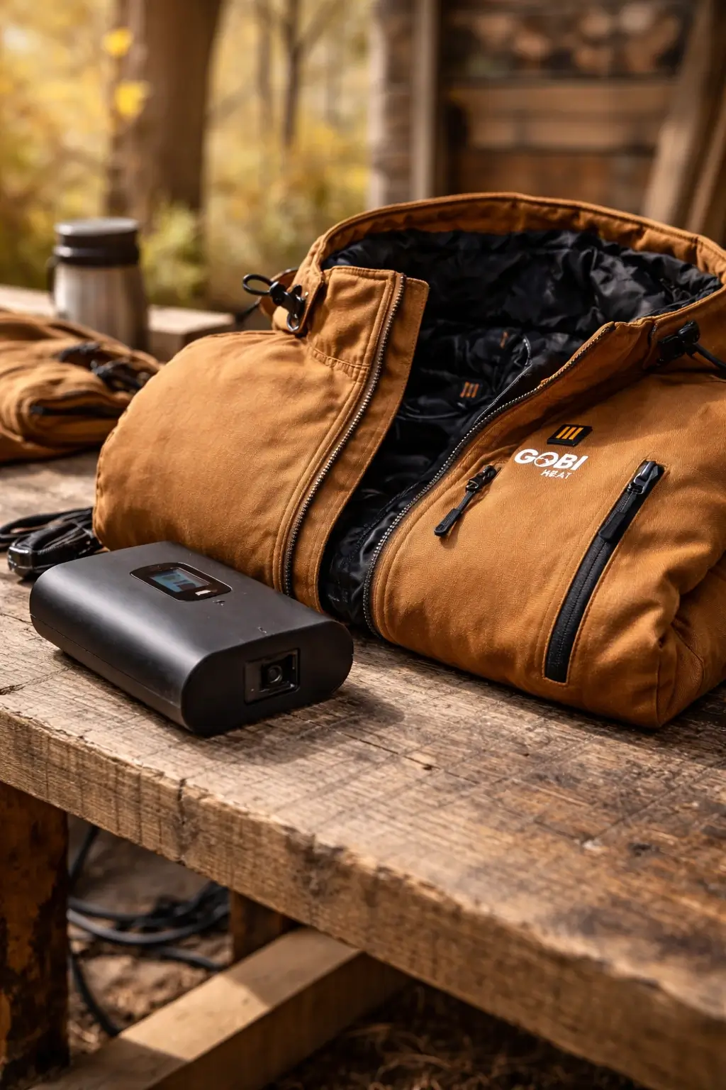 Camel Grit Heated Work Jacket with removable battery on a wooden workbench