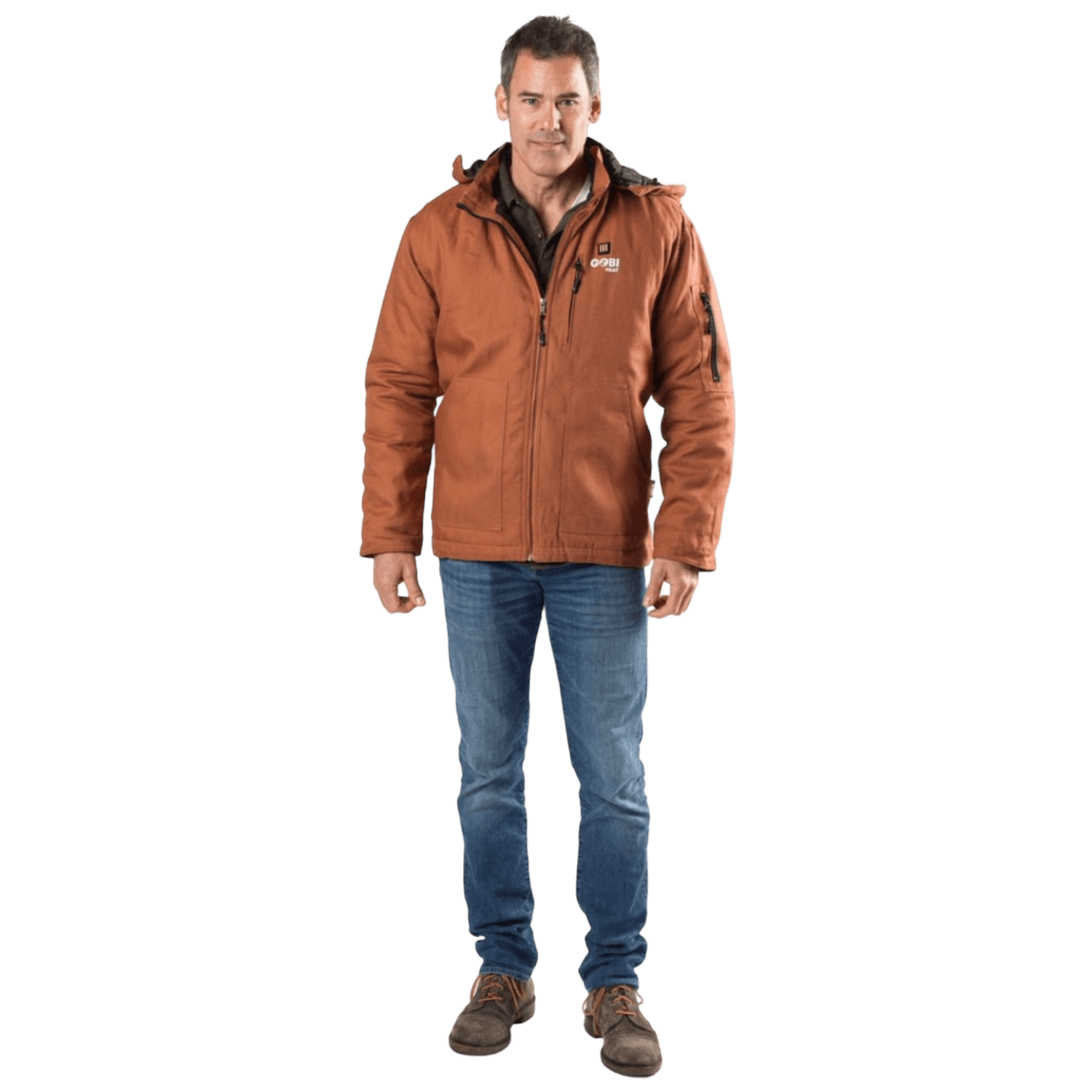 Grit Men's Heated Work Jacket in Camel color modeled for fit and workwear style