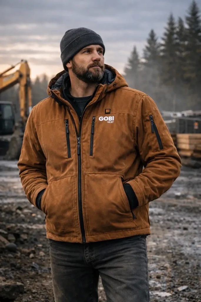 Worker wearing the Grit heated work jacket on a cold outdoor job site