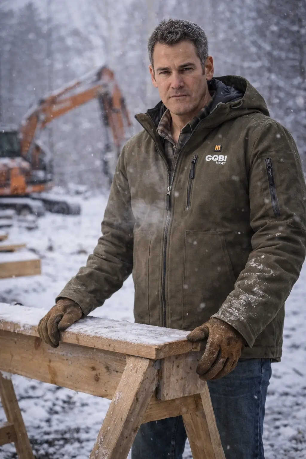 Man wearing the grizzly Grit Heated Work Jacket at a snowy job site