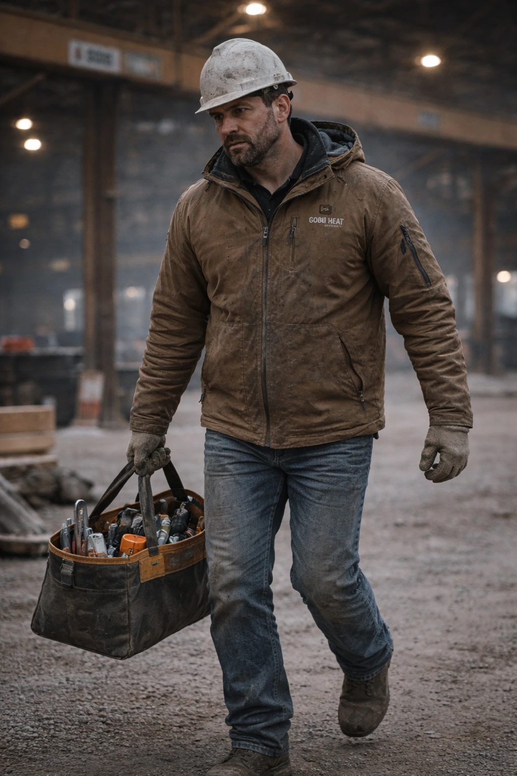 Tradesperson carrying a tool bag while wearing the Grit heated work jacket during a cold job-site shift