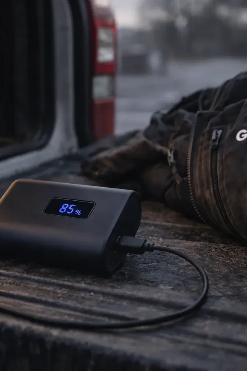 Gobi heated jacket battery charging via USB-C on a truck tailgate with jacket resting nearby during an early morning work routine