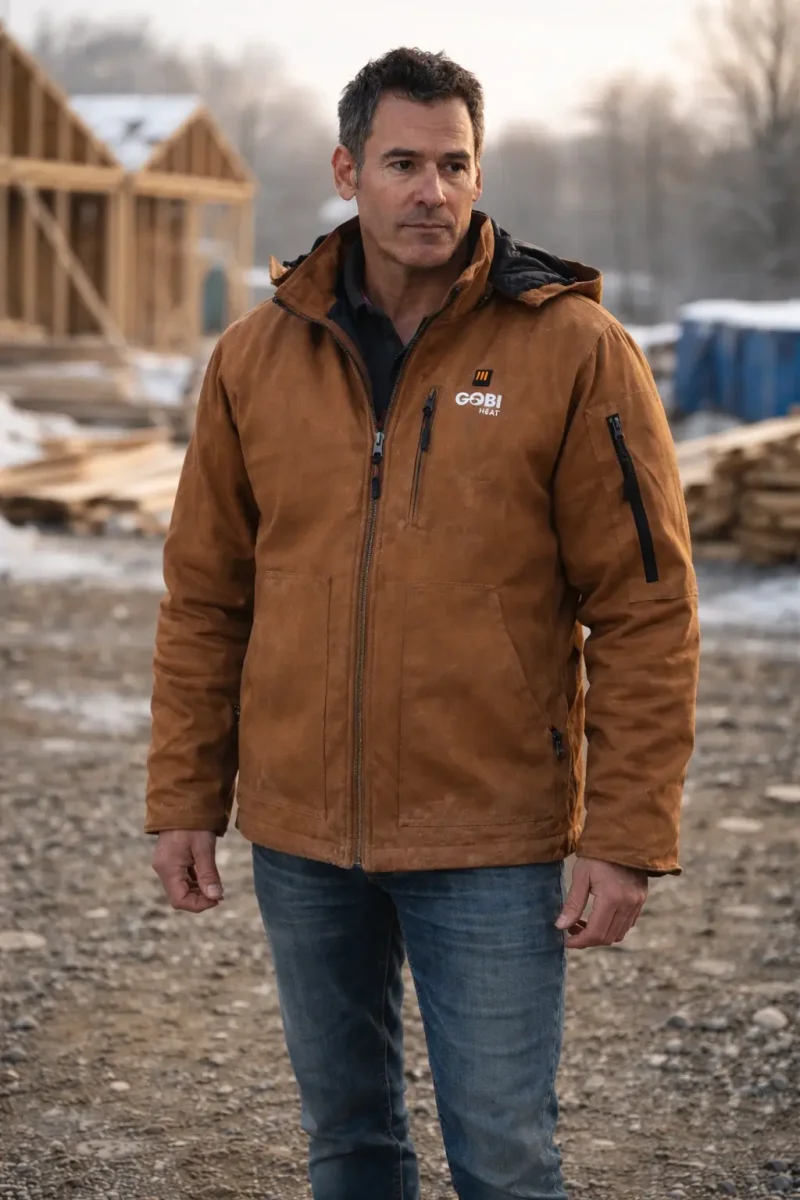Tradesperson wearing camel Grit heated jacket zipped on gravel job site showing shoulder width and torso length fit