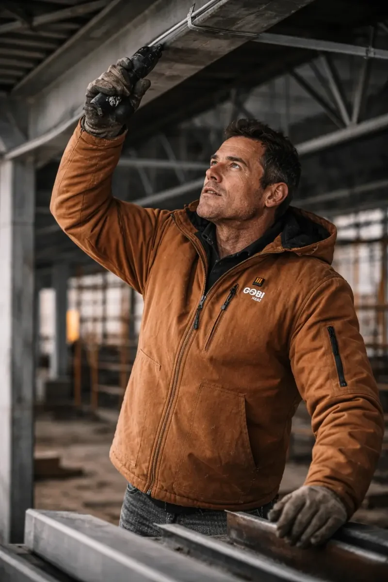 Tradesperson in camel heated jacket reaching overhead on industrial job site showing shoulder mobility and natural fabric flex.