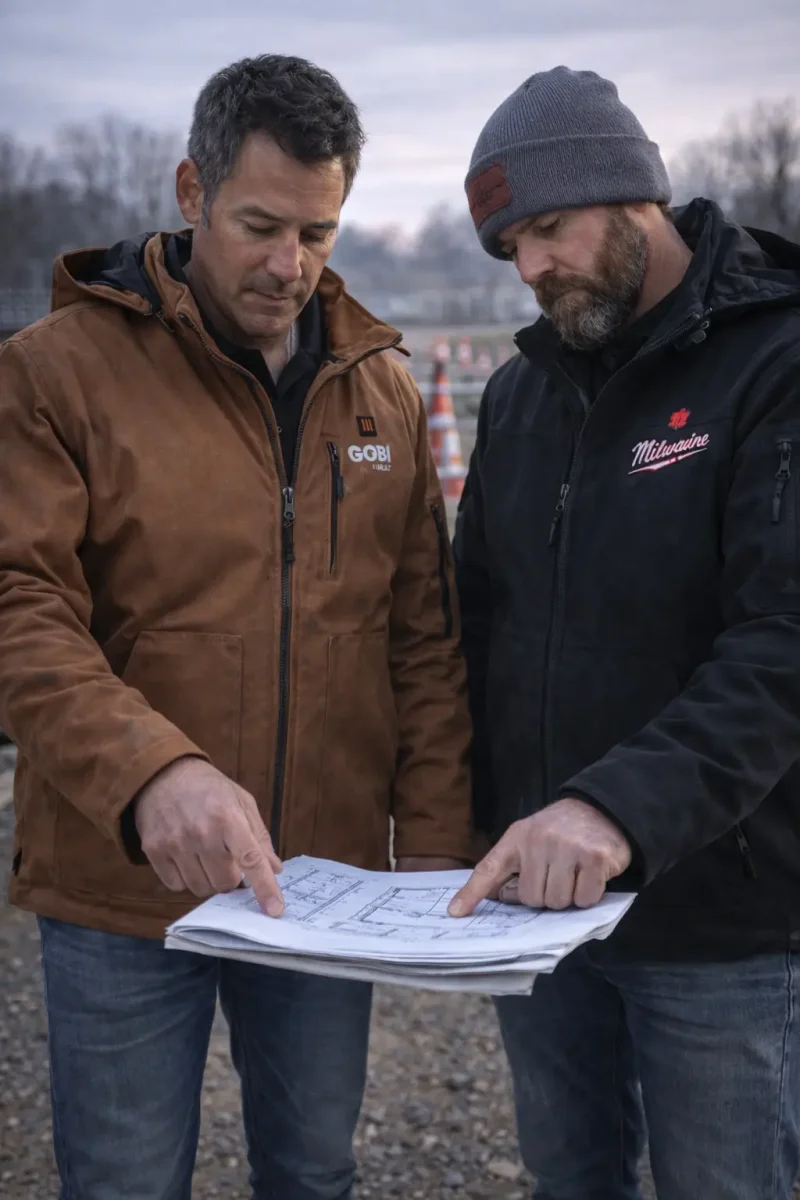 Two tradesmen of similar build comparing grizzly heated jacket fit at a cold roadside job site