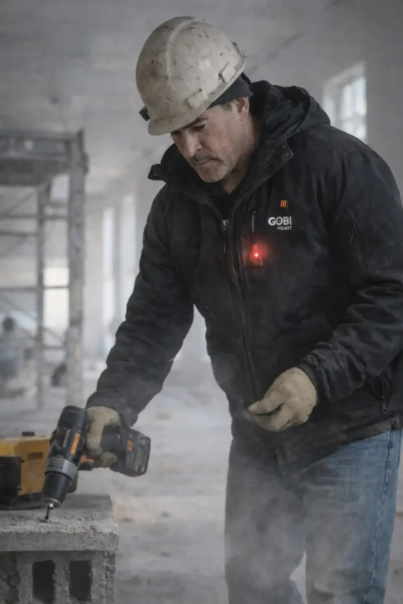 Worker wearing the Grit heated jacket while drilling on a construction job site during a long work shift