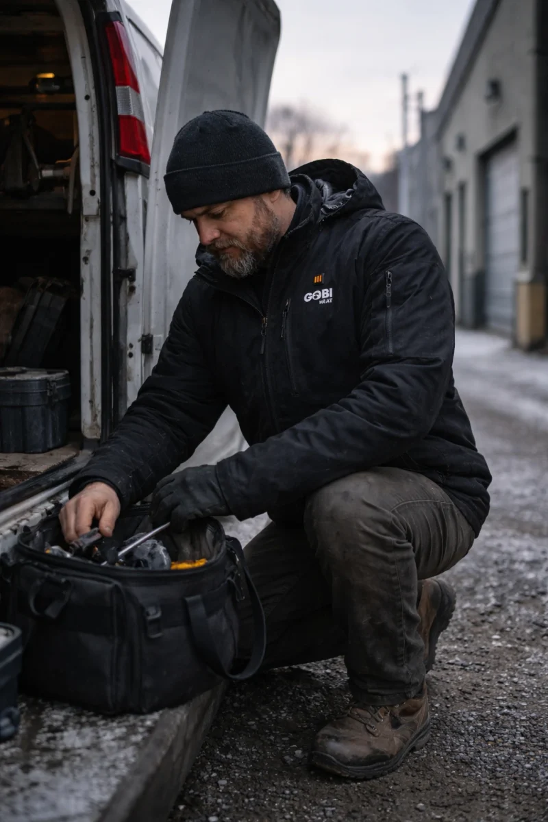 Tradesperson wearing an onyx Grit heated work jacket kneeling beside a utility van in cold industrial conditions