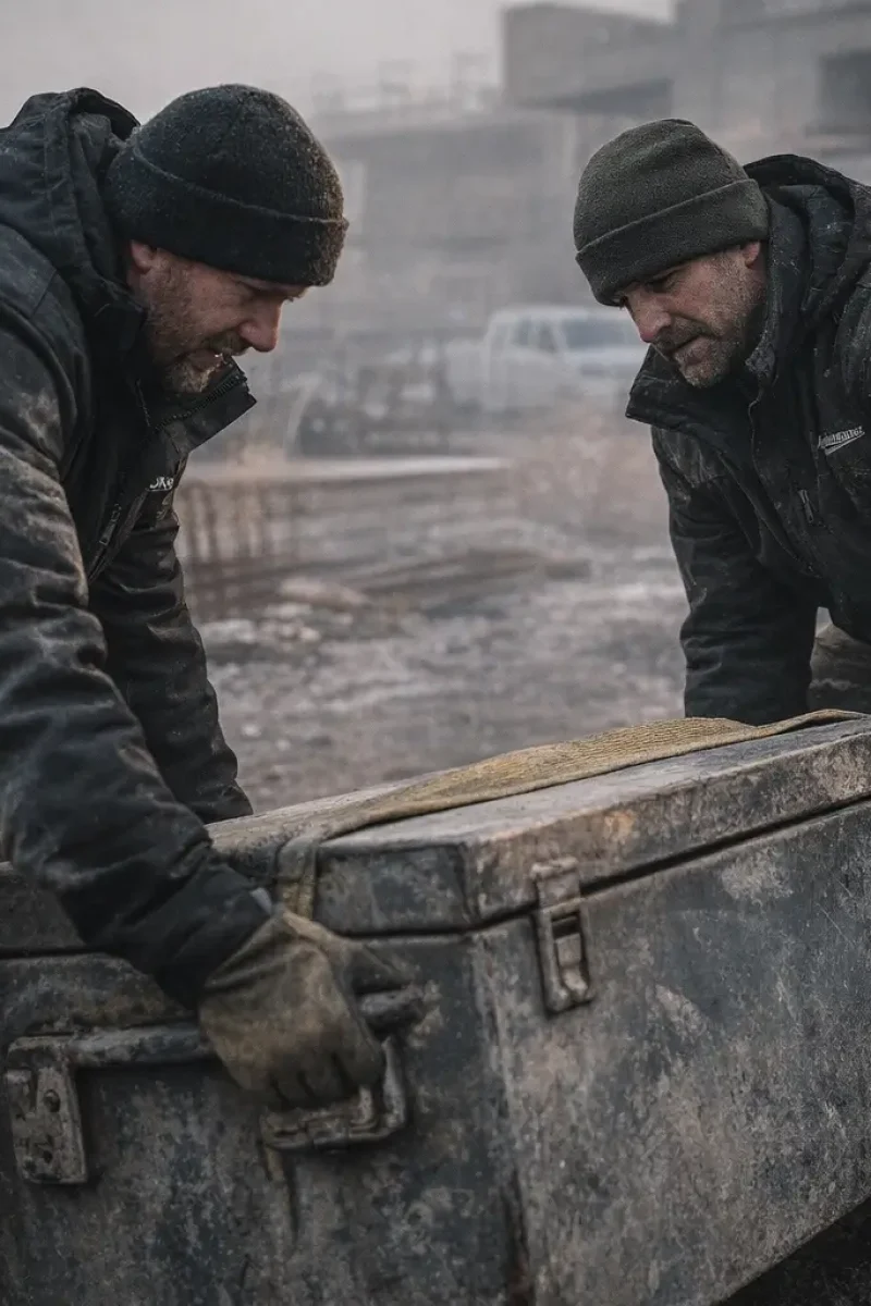 Two workers in dark heated work jackets lifting heavy equipment at a cold construction site, showing natural shoulder flex and balanced weight distribution.