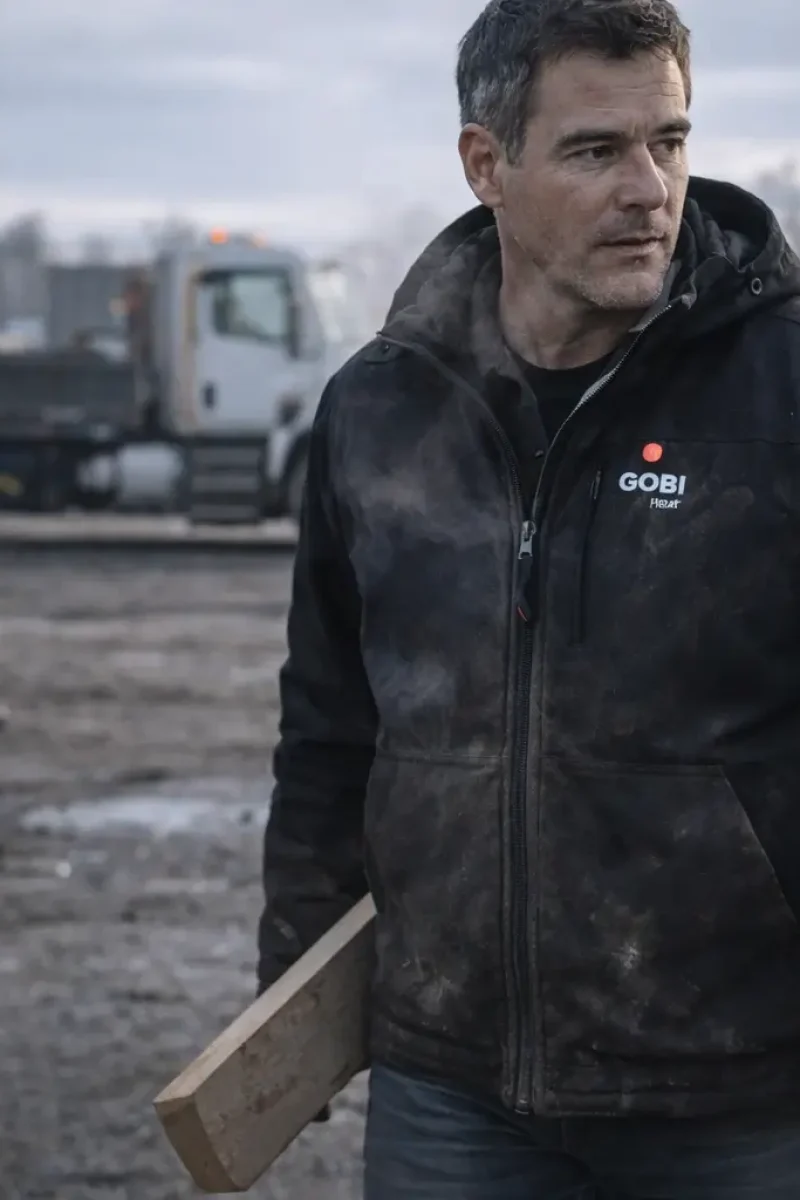 Tradesperson working in cold conditions wearing a powered-on Grit heated work jacket demonstrating real-world battery performance on a job site