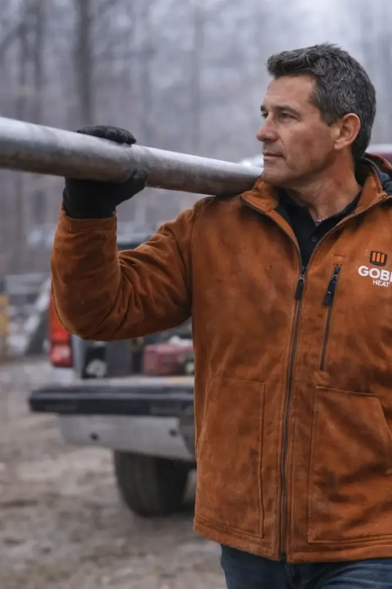 Tradesperson carrying materials on a cold job site wearing the Grit heated jacket with balanced weight distribution