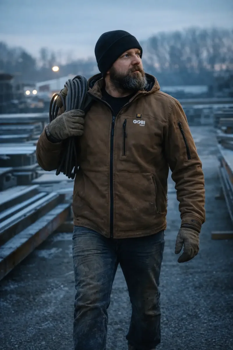 Tradesperson walking across a steel yard at dawn wearing grizzly Grit heated jacket showing natural movement and fabric creasing during a full shift.