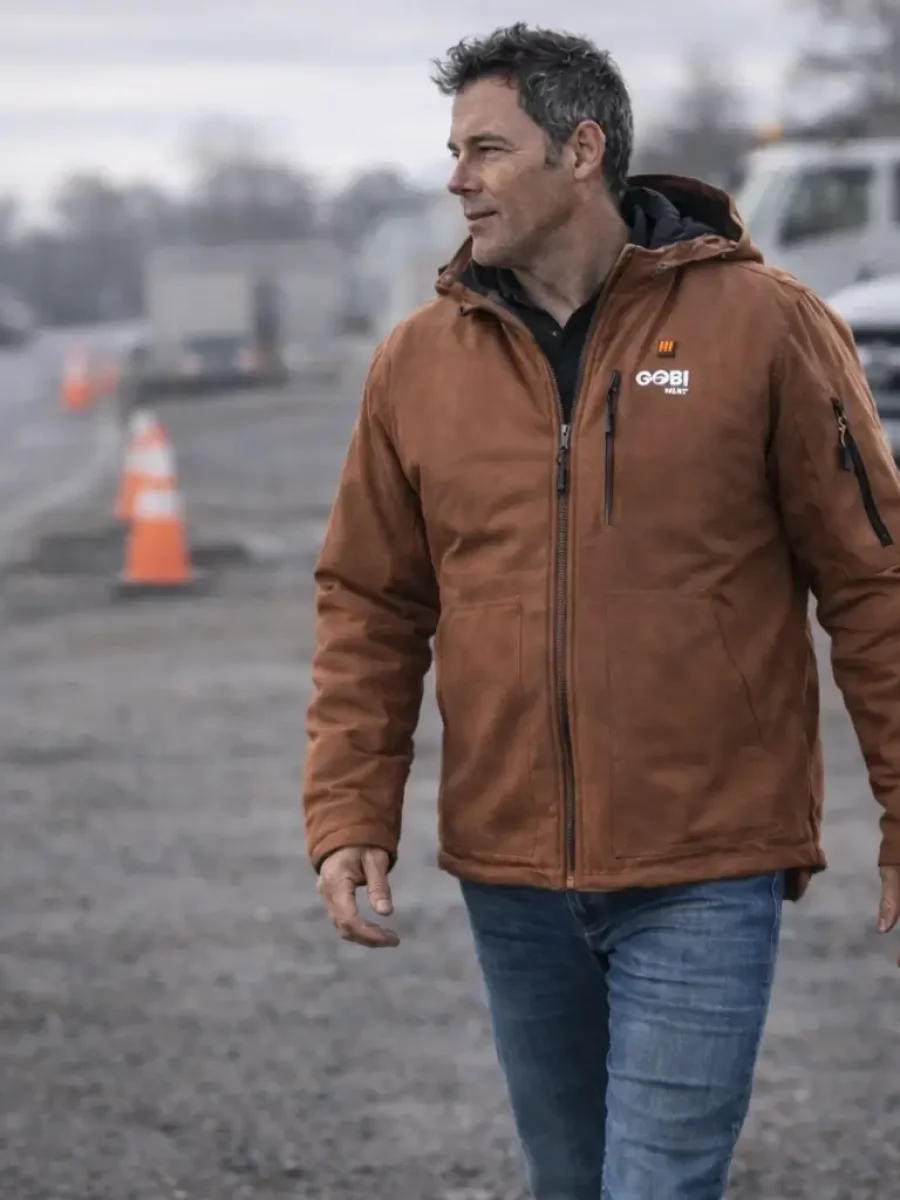 Tradesperson wearing the Grit Heated Work Jacket during early morning roadside job-site work, demonstrating fit, mobility, and all-day comfort in cold conditions
