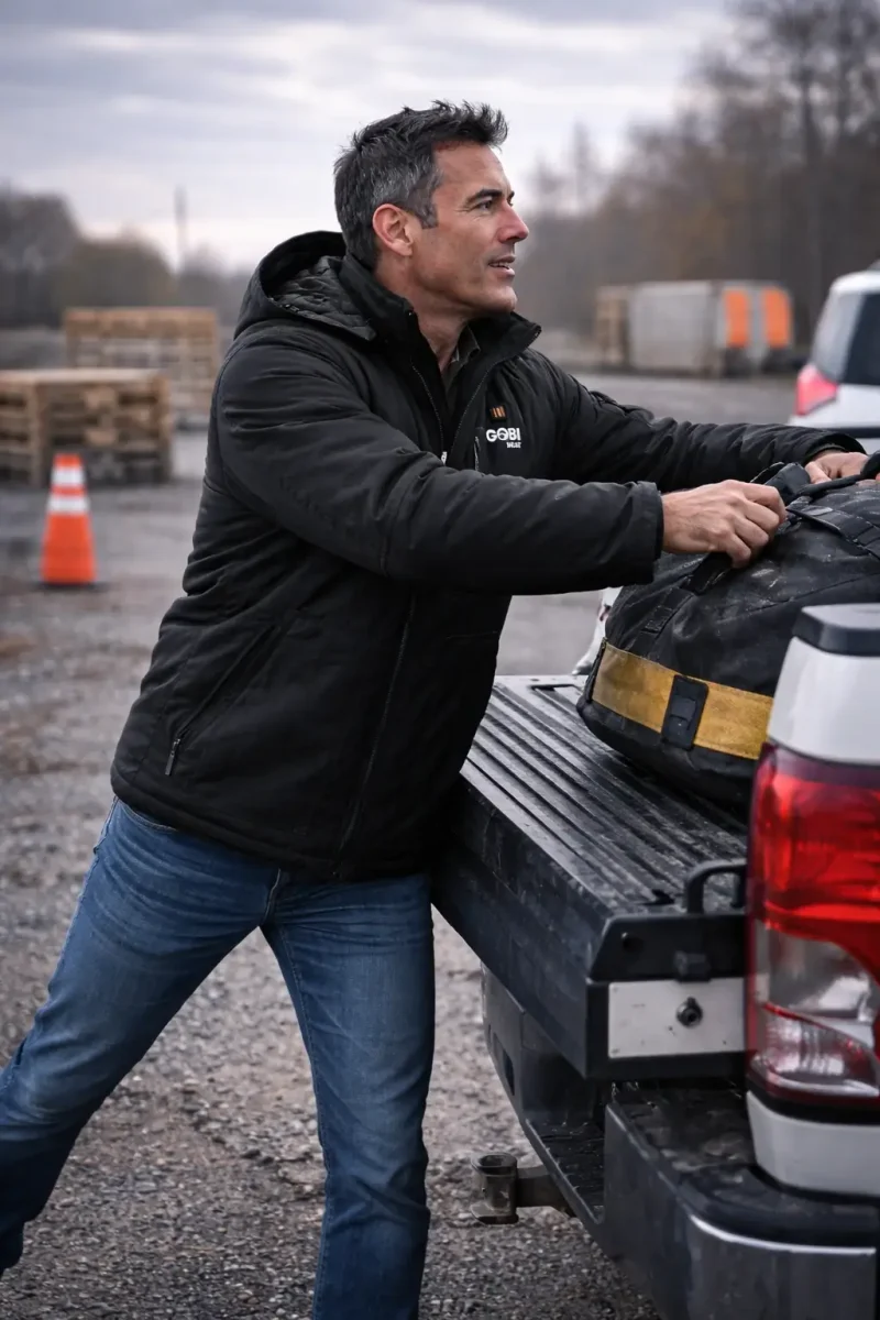 Tradesperson wearing Grit heated work jacket in Onyx color loading tools from a truck bed, demonstrating mobility and range of motion on a job site
