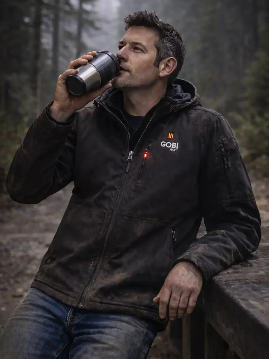 Tradesperson wearing the Grit Heated Work Jacket taking a brief break in a forest work environment, demonstrating all-day comfort, durability, and real job-site performance during cold conditions