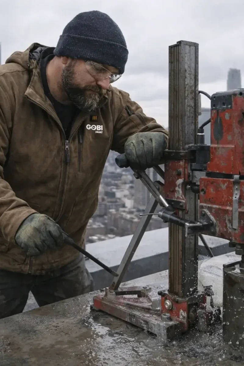 Construction worker wearing a Grit heated work jacket drilling concrete on a cold rooftop job site