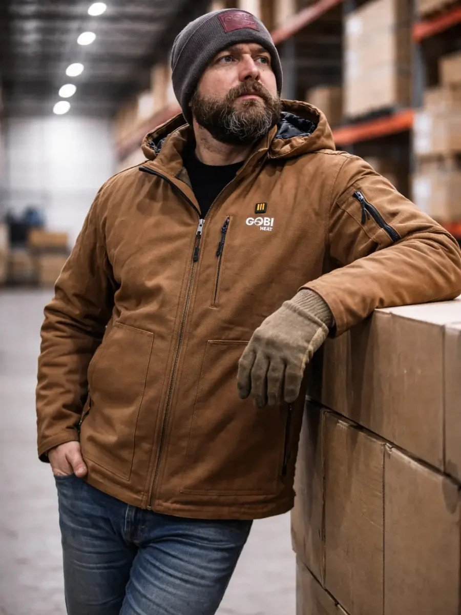 Worker wearing the Grit heated work jacket inside a warehouse during a long cold-weather work shift