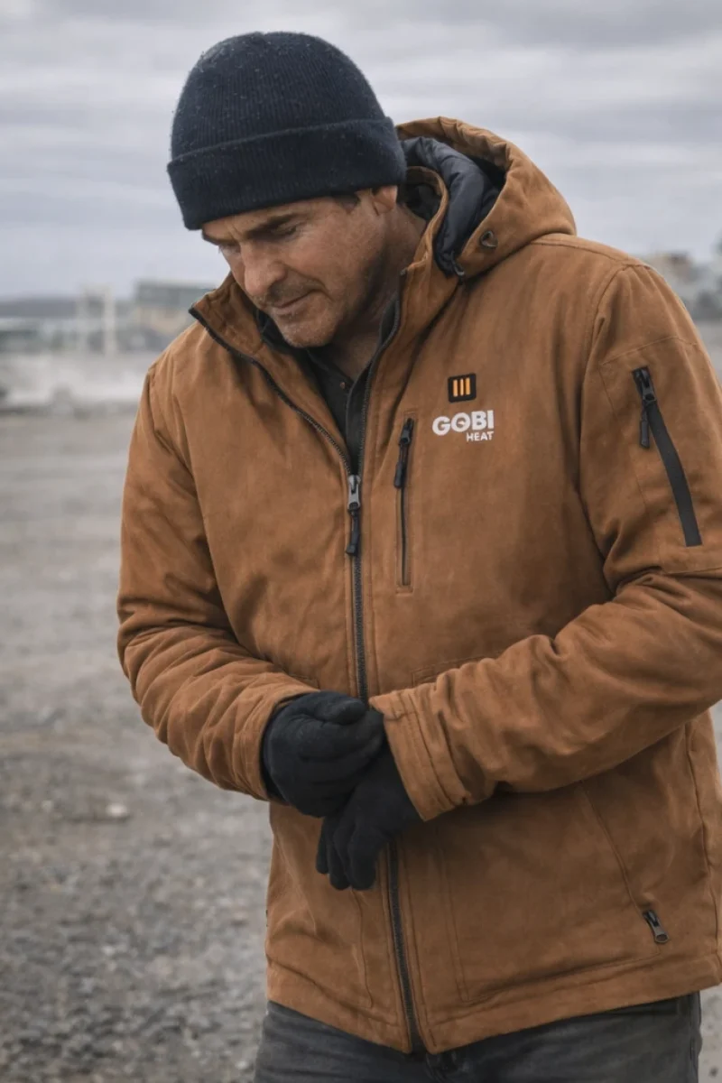 Tradesperson wearing a camel Grit Heated Work Jacket in windy open job-site conditions