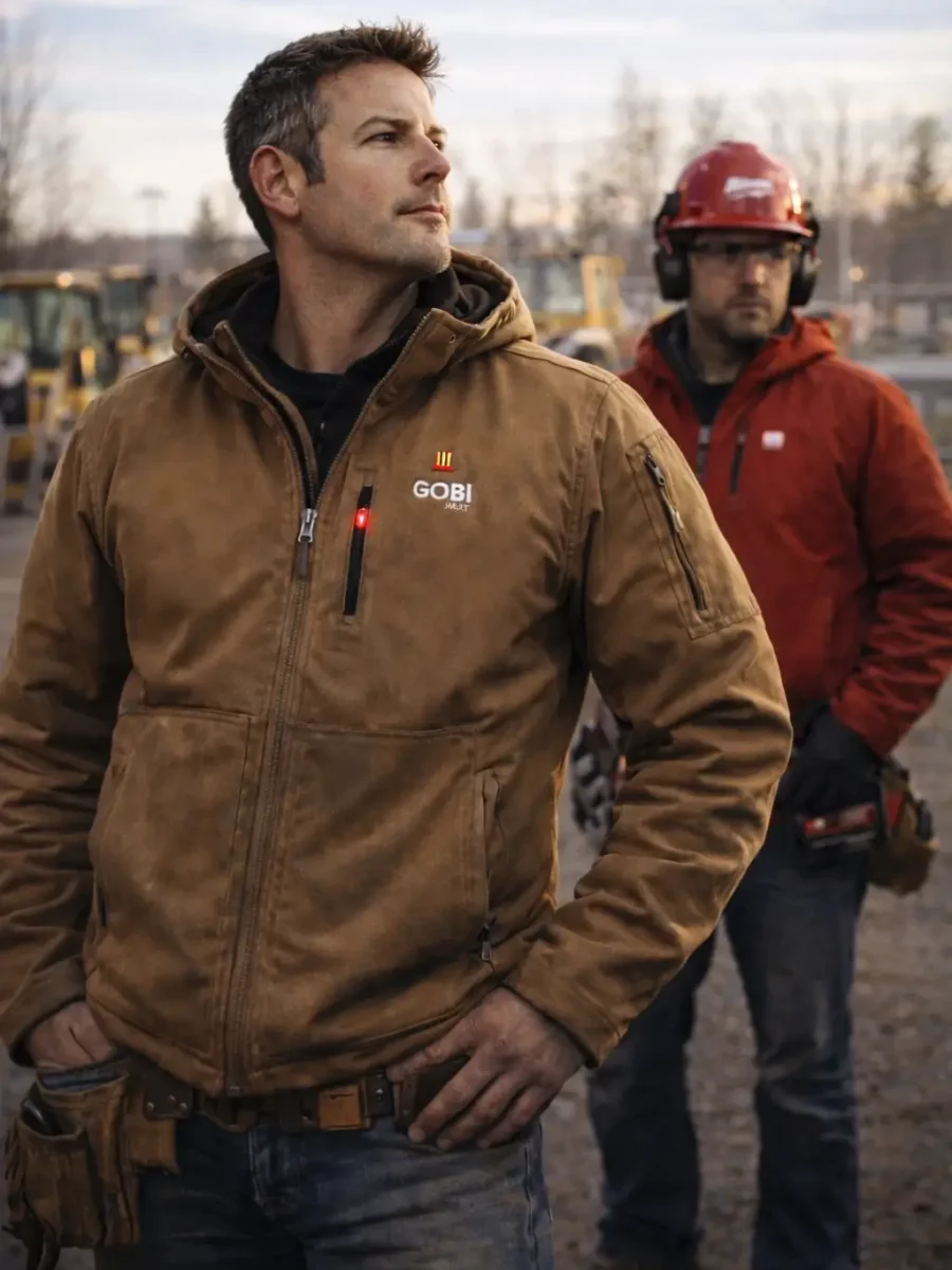 Two tradespeople on an active job site wearing a Grit heated work jacket and a Milwaukee heated jacket, representing a final real-world comparison for job-site performance and reliability