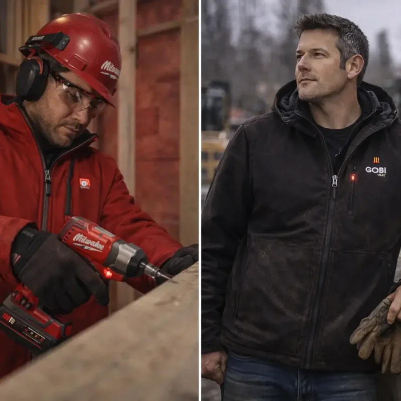 Side-by-side comparison of a tradesperson wearing a Milwaukee heated jacket indoors using power tools and a worker wearing the Grit Heated Work Jacket outdoors, showing which heated jacket is best for different job-site conditions