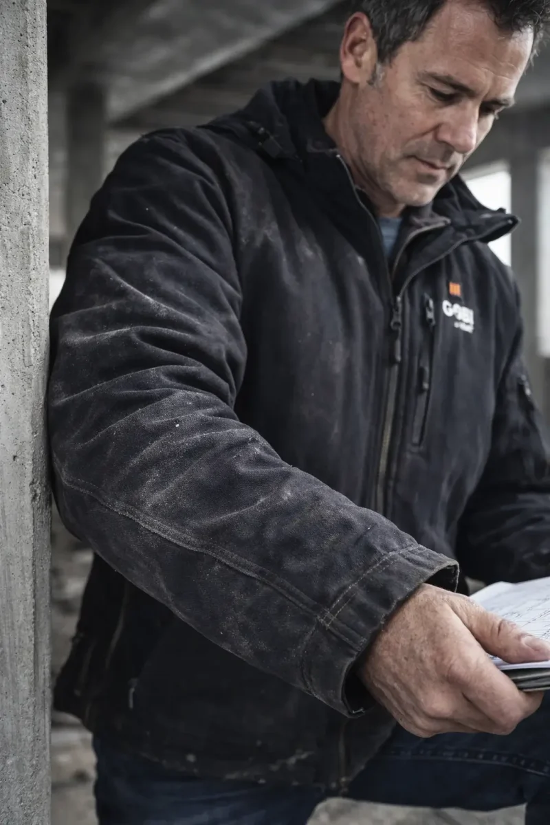Male tradesperson in onyx heated work jacket leaning against concrete column showing reinforced stitching and outer shell wear in cold job-site conditions